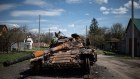 A destroyed Ukrainian tank on April 28 in Zahaltsi, Ukraine.