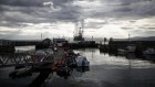 An oil drilling rig stands unused at Cromarty Port in Scotland.