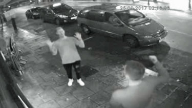 Still from CCTV issued by Avon and Somerset Police of England cricketers Ben Stokes (left) and Alex Hales outside the Mbargo nightclub .
