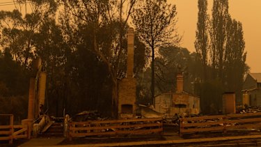 The main street of Cobargo on 1 January, 2020, the day after the town was destroyed by bushfires.