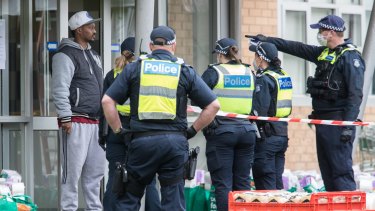 The lockdown scene at the towers in North Melbourne. 