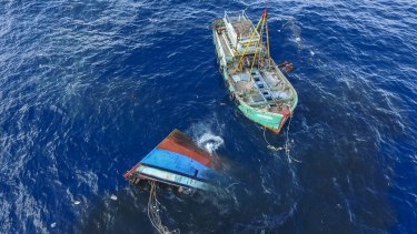 Illegal boats are sunk by Indonesian authorities in Natuna in 2016.