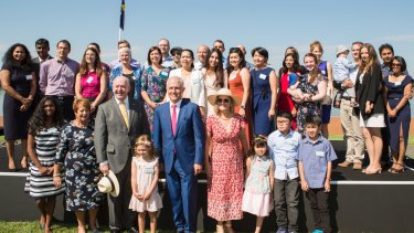 Malcolm and Lucy Turnbull, with Governor-General Peter Cosgrove, at a Canberra citizenship ceremony.