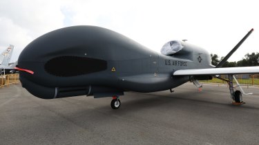 A United States Air Force (USAF) Global Hawk drone, an unmanned aircraft system (UAS) surveillance aircraft, manufactured by Northrop Grumman.