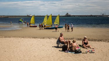  St Kilda beach on the first day of March as the temperature hits 30 degrees.
