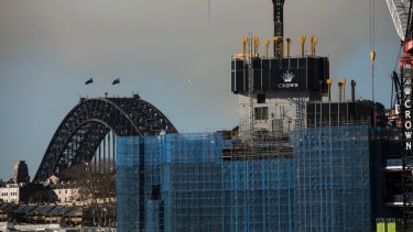 A view from Pyrmont of Crown Casino being constructed at Barangaroo in Sydney on August 9, 2018. Photo: Dominic Lorrimer