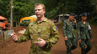 Australian military warrant officer Chris Moc, right, at the base camp where the rescue operations are being planned.