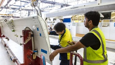 Workers at Boeing's factory in Port Melbourne, which employs about 1100 people, and is ramping up production on components for the 737 MAX series aircraft. 