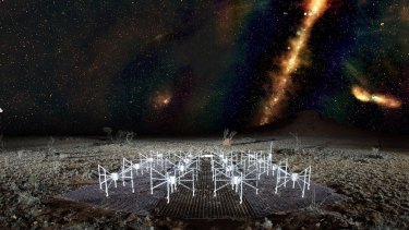 A "radio colour" view of the sky above a tile of the Murchison Widefield Array radio telescope. The Milky Way is visible as a band across the sky and the dots beyond are some of the 300,000 galaxies observed by the telescope.