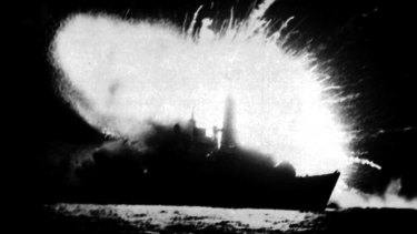 The British frigate HMS Antelope explodes in San Carlos Bay in the Falklands War.