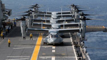 US Marine Corps MV-22 Ospreys prepare for flight aboard the multipurpose amphibious assault ship USS Wasp in 2007.
