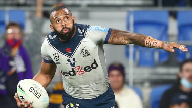 Josh Addo-Carr celebrates his try for the Storm.