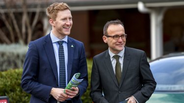 Greens candidate for Higgins Jason Ball campaigns with Melbourne MP Adam Bandt.