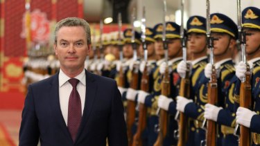 Australian Minister of Defence Christopher Pyne reviewing the PLA guards of honour at the headquarters of Defence Ministry in Beijing last week.
