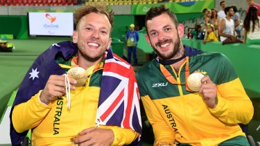Dylan Alcott and Heath Davidson after their quad doubles final victory in Rio.