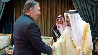 US Secretary of State Mike Pompeo, left, is greeted by Saudi King Salman in Riyadh, Saudi Arabia.