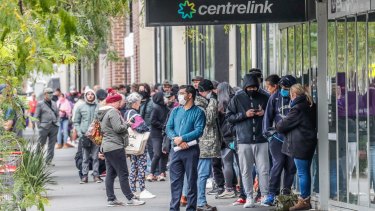Massive lines outside Centrelink offices in Melbourne in March.