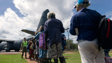 People being evacuated from Groote Eylandt and the McArthur River Mine airfield near Borroloola in the Northern Territory ahead of Cyclone Trevor last March.