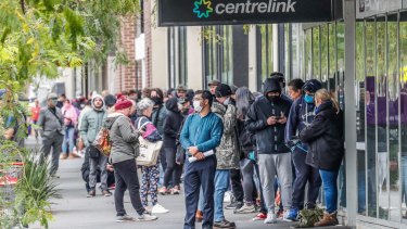 Massive lines outside Centrelink offices in Melbourne in March.