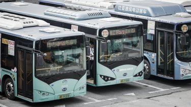 Leading the way: BYD Co. electric buses in Shenzhen, China. All 17,000 buses were built locally and in about eight years.