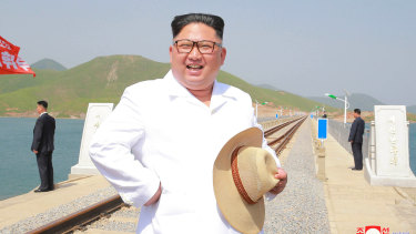 North Korean leader Kim Jong-un inspects the completed Koam-Tapchon Railways in Gangwon-do, North Korea on Friday.