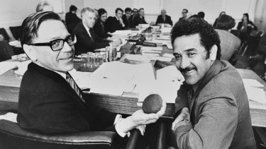 Barrie Dexter (left), then secretary of the Department of Aboriginal Affairs, in 1974 with Aboriginal activist Charles Perkins.