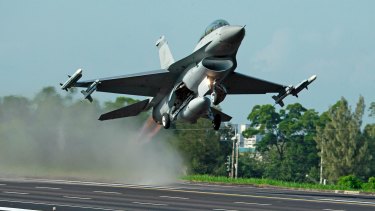 A Taiwanese F-16 fighter jet takes off.