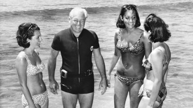 Former prime minister Harold Holt, pictured with his three step-daughters-in-law, went missing at Cheviot Beach.