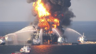 Fire boat response crews battle the blazing remnants of the off shore oil rig Deepwater Horizon, off Louisiana.