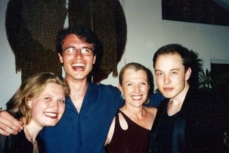 Maye Musk’s 50th birthday in Silicon Valley in the late 1990s. From left, her daughter, Tosca; her son Kimbal; Maye; and her son Elon. 