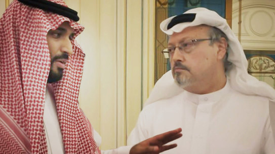 Saudi Crown Prince Mohammed bin Salman, left, with journalist Jamal Khashoggi in a scene from the documentary The Dissident.