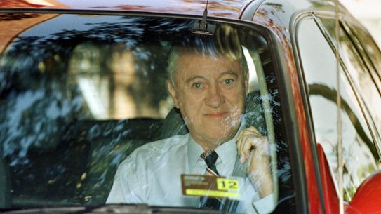 Corrupt former Queensland Police commissioner Terry Lewis leaves St Vincent De Paul's day centre for home detention release after leaving prison.