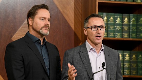 Leader of the Greens Richard Di Natale (right) and Treasury spokesperson, Senator Peter Whish-Wilson. 
