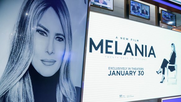 A promotional sign for the documentary on the floor of the New York Stock Exchange.