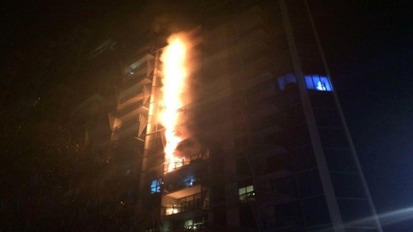 Combustible cladding burns in 2014 at the Lacrosse building in Docklands.