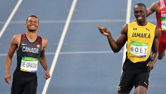 Jamaica’s Usain Bolt and Canada’s Andre De Grasse, left, compete at the 2016 Olympics.