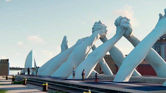 An artistic rendering of Lorenzo Quinn's six pairs of arching hands creating a bridge over a Venetian waterway for the 58th Biennale.