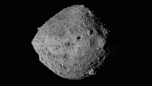 The asteroid Bennu from the OSIRIS-Rex spacecraft. After almost two years circling the ancient asteroid, OSIRIS-Rex will attempt to descend to the treacherous, boulder-packed surface and snatch a handful of rubble.