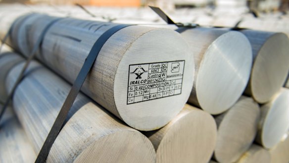 Grading information sits on the end of a finished aluminium billet awaiting distribution at the Iran Aluminium Co. plant in Arak, Iran.