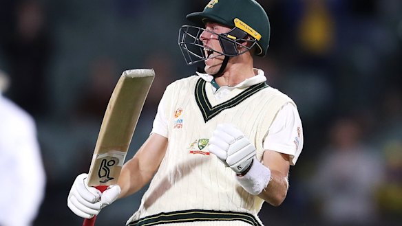 Marnus Labuschagne of Australia celebrates his century.