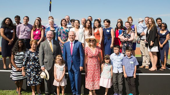 Malcolm and Lucy Turnbull, with Governor-General Peter Cosgrove, at a Canberra citizenship ceremony.