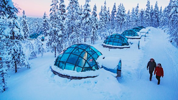 Glass igloos at Kakslauttanen Arctic Resort, Lapland, Finland. 