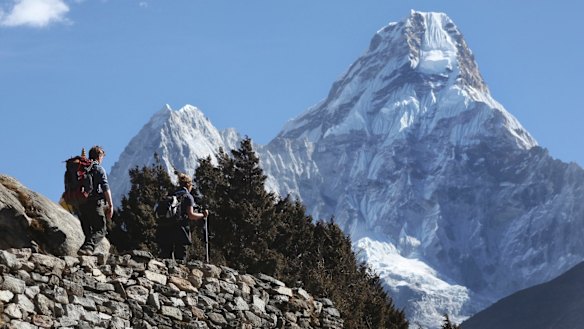 Trekkers make their way to Dingboche, a popular Mount Everest base camp in Pangboche, Nepal.