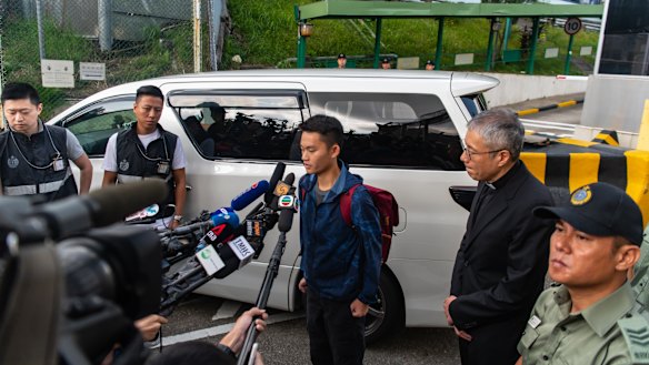 Chan Tong-kai talks to the media as he is released from prison on Wednesday.
