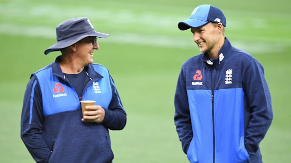England coach, former NSW batsman,  Trevor Bayliss (left) with Test captain Joe Root.
