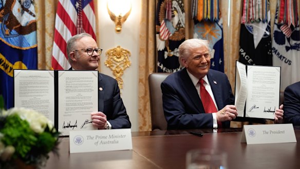 Anthony Albanese and Donald Trump sign the rare earths deal in October last year.