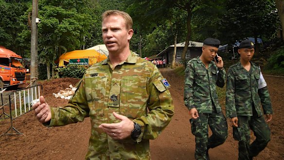 Australian military warrant officer Chris Moc, right, at the base camp where the rescue operations are being planned.