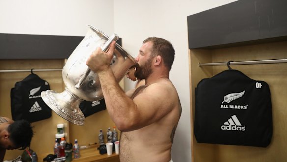 Milestone: Owen Franks, pictured here celebrating a Bledisloe Cup win in Wellington in 2016, will play his 100th Test for New Zealand this week.
