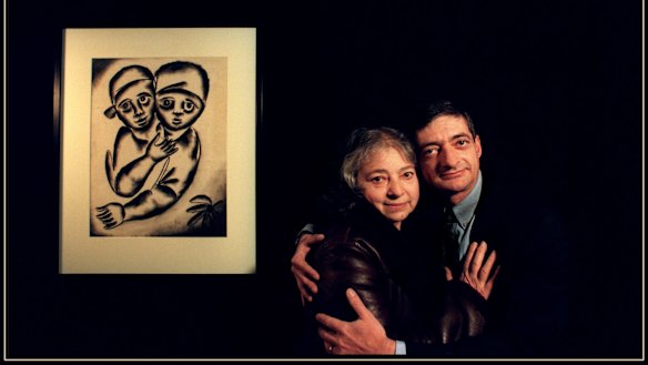 Mirka and William Mora with her work “Young Lovers”, 1961.  