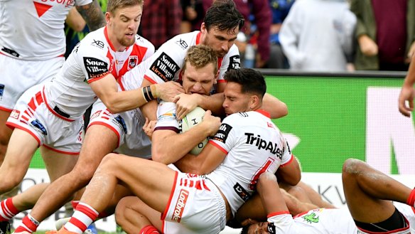 Tom Trbojevic proves tough for the Dragons defence to handle in Sunday's win. 